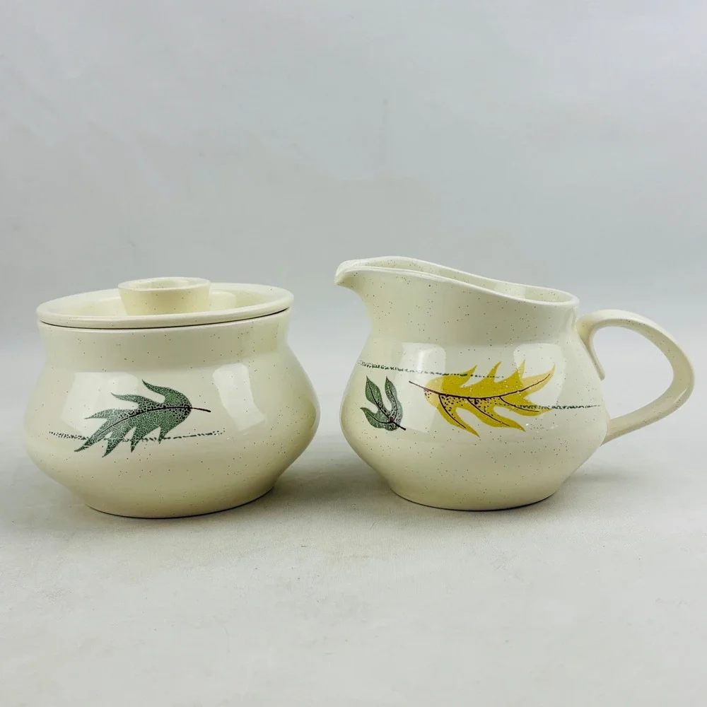 Franciscan Autumn Sugar Creamer Set Speckled‎ Leaves Bowl Lid MCM Vintage